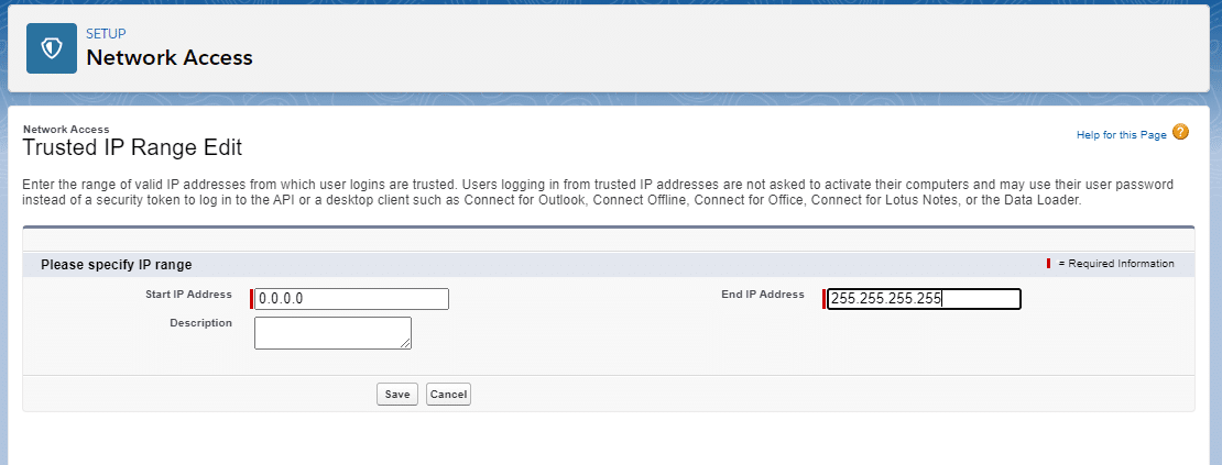 whitelist IP range in salesforce